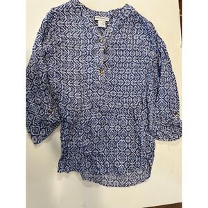 Rebecca Malone Blouse Womens Large Blue White Medallion Print Rayon Button Top